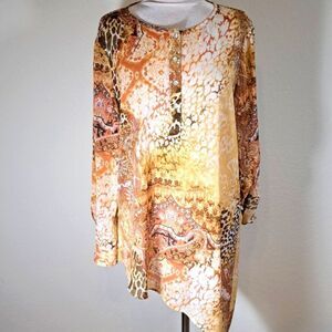 Chico’s Womens Top Size Large Animal Chiffon Asymmetrical Hem Roll Tab Sleeve